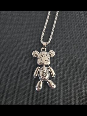 Silver Teddy Pendant Necklace - Love & Peace Design